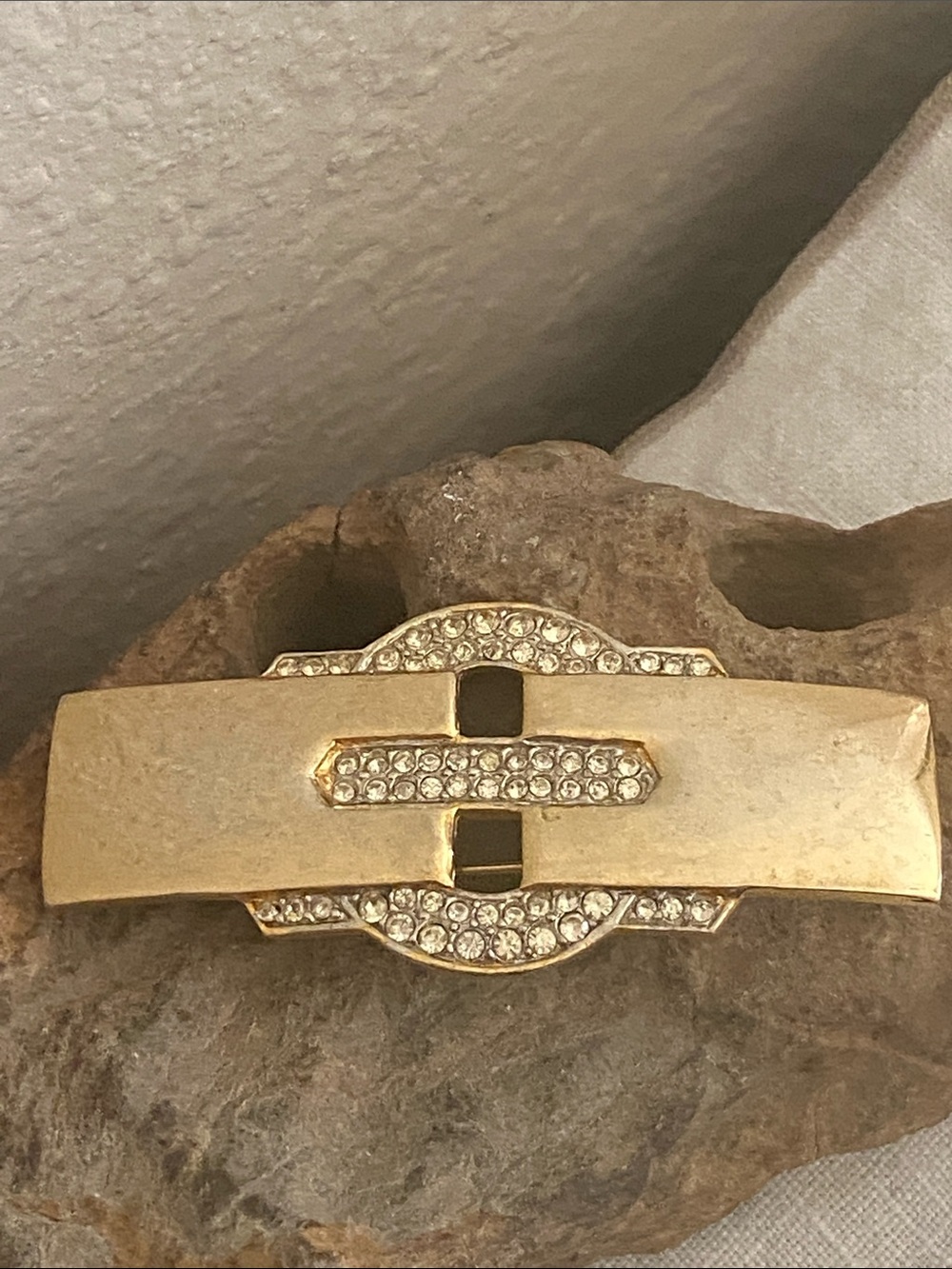Vintage 90s Shiny Gold Tone Rhinestones Bar Broach